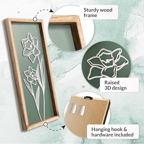 3D Floral Green Wall Art (Set of 2) Lightweight, Wooden Ready-to-Hang Boho Framed Wall Art for Bathroom, Bedroom, Living R...