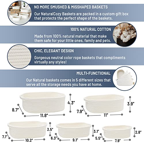 NaturalCozy 5-Piece Rectangle Storage Basket Set- Natural Cotton Rope Woven for Organizing! Small Basket for Montessori, B...