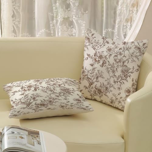 GOLIANDA Brown Pillow Covers 16x16 Set of 2 Brown and Cream Floral Chinoiserie Throw Pillows Vintage Rustic Toile Flower D...