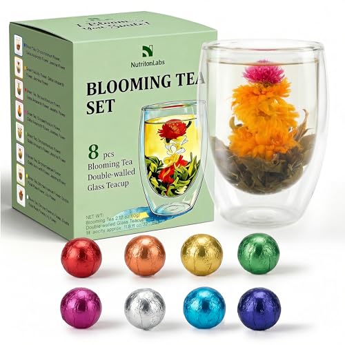 Blooming Tea Gift Set with Double-Walled Glass Teacup, 8 Handcrafted Flowering Tea Balls, Artisan Green Tea and Flower Var...