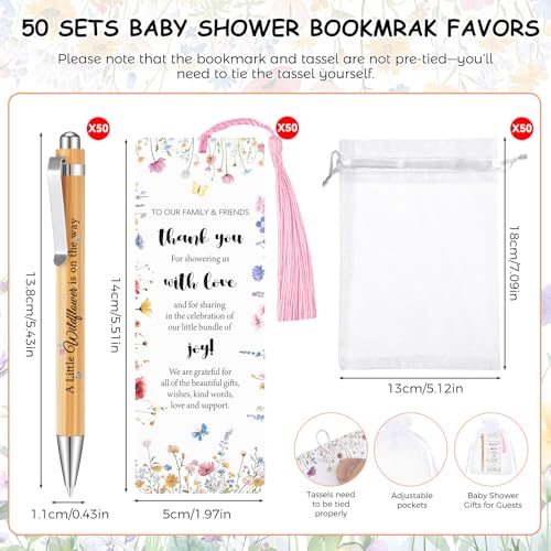 50 Sets Wildflower Baby Shower Favors for Guests, Little Wildflower Ballpoint Pens Thank You Bookmarks Organza Bags for Ba...