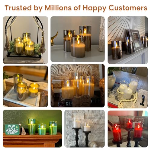 Eywamage Gold Glass Flameless Pillar Candles with Remote, Flickering Christmas LED Candles Battery Operated Set of 3
