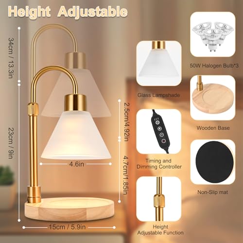 tudepz Candle Warmer Lamp with Timer & 3 Bulbs, Dimmable Electric Candlelight Adjustable Height and Brightness Candle Wax ...