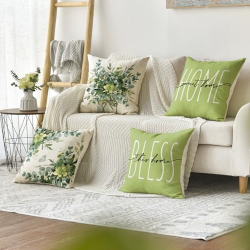 AVOIN Colorlife Home Sweet Home Eucalyptus Leaves Green Throw Pillow Covers, 18x18 Inch Spring Summer Seasonal Decorations...
