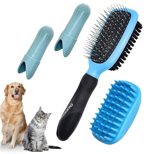 Double-Sided Pet Dog Cat Brush for Detangling Deshedding & Removing Small Mats plus Rubber Dog Bath Brush for Grooming, Sh...