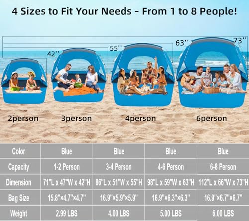 Beach Tent, Portable Sun Shelter for 2/3/4/6-8 Person with UPF 50+ UV Protection, Easy Setup Waterproof Beach Shade Canopy...