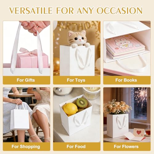 Ethhqu 4 Pack Medium White Gift Bags with Handles, 8x5x10 Inches - Includes 4 Tissue Papers for Birthday Party, Baby Showe...