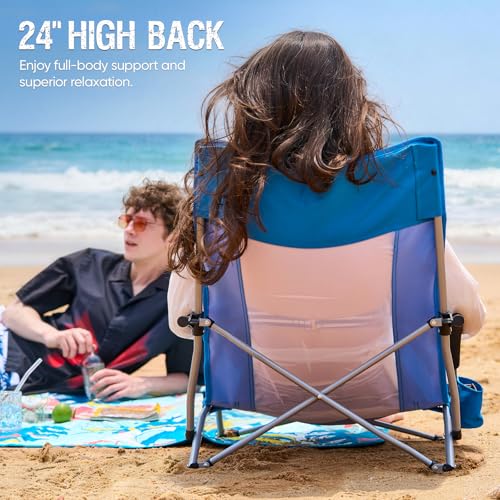 Old Bahama Bay Folding Beach Chair 2 Pack, Beach Chairs for Adults Low Beach Camping Chair with Cup Holder Mesh Back for O...