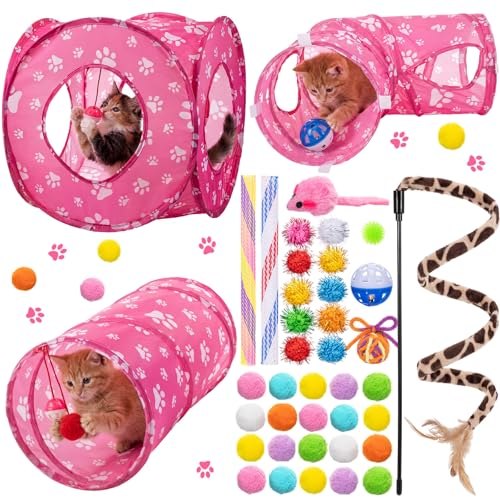 Leitee 40 Pcs Cat Toys Kitten Toys Assortments, Variety Toy Set Including 3 Pink Cat Paws Way Tunnel, Cats Feather Teaser,...