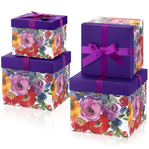 Cholemy 4 Pcs Spring Floral Gift Box with Lid for Present Decorative Nesting Squared Cardboard Storage Box for Birthday We...