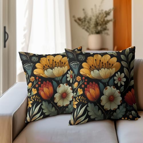 Vintage Boho Floral Pillow Covers 20x20 Inches Yellow Beige Black Throw Pillow Case Set of 2 Spring Flower Pillow Cover Co...