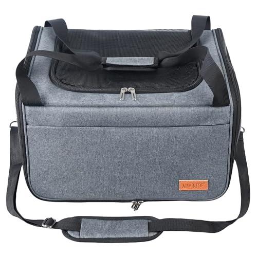 AIWIKIDE Lightweight Waterproof Cat Carrier - Foldable Design w/Full Cover for Security, Includes Collapsible Bowl, Grey