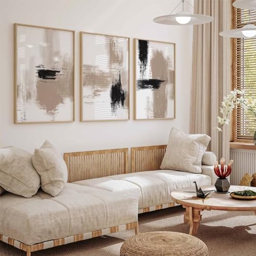 Joocrise Beige Abstract Wall Art Painting Set of 3 Neutral Canvas Wall Art Prints Black Beige Modern Wall Decor Minimalist...