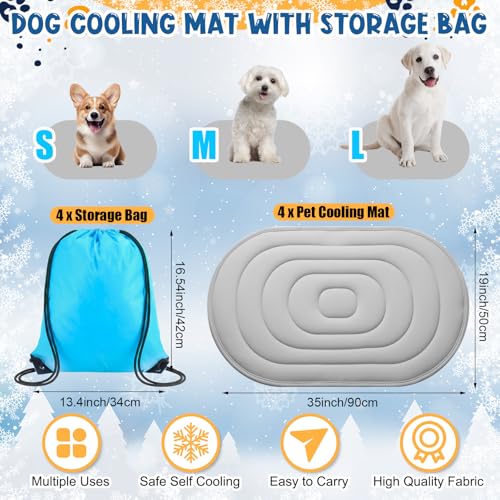 Fiwochic 4 Pack 35" x 19" Cooling Mats for Pet Dog with Storage Bags - Reversible Ice Silk & Velvet Pad Washable Summer Co...