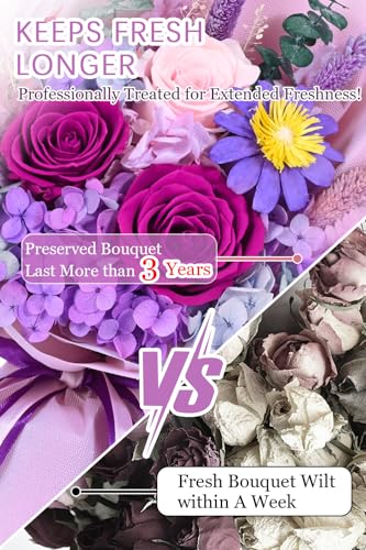 Yastouay Preserved Flowers for Delivery, Last 1-3 Years Flowers Bouquet, Purple Rose Forever Flowers with Gifts Box, Birth...