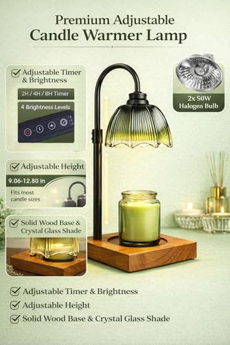 Candle Warmer Lamp, Candle Warmer for Jar Candles with Timer Dimmer & Adjustable Height, Flameless & Safe, Wood Base, 2 Bu...