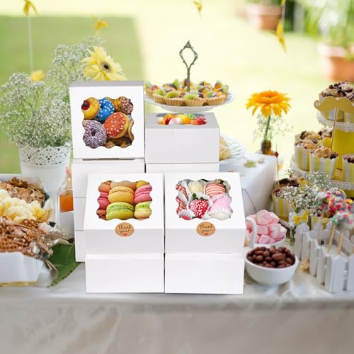 WINKIO 12 Pieces Cookie Boxes with Window, 6×6×3 Inches Treat Boxes for Bakery Dessert Pastry Mini Cake Favor Donut Baked ...