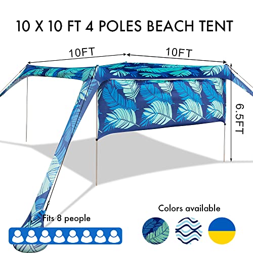 Beach Canopy Tent Shade with Sidewalls 10x10FT, 6.6FT Tall, UPF50+ Sun Shelter, Windproof & Water Resistant, Includes Guyl...