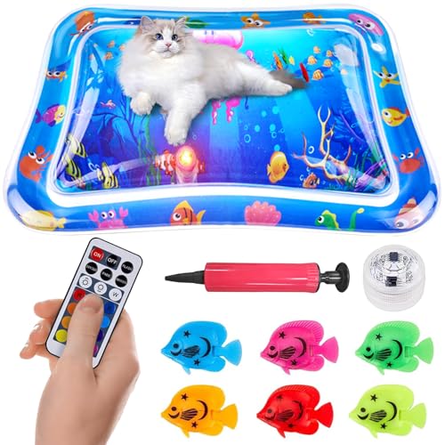 kowgical Cat Water Mat, Interactive Toys 25x17 inch Multi-Color Lighted Cat Dog Water Sensor Playmat with Fish, Pet Mat Fl...