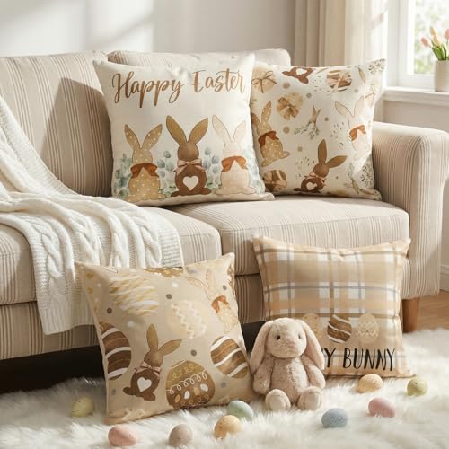 Ovveroche Farmhouse Throw Pillow Covers 18x18 Inch, 4 Pack Linen Textured Rabbit Pillow Covers, Rustic Linen Cushion Case ...