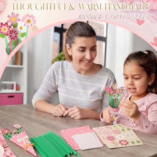 Motipuns 24 Sets Mother's Day DIY Paper Flower Bouquet Craft Kit Bulk for Kids Make Your Own Flower Bouquet DIY Craft Scho...