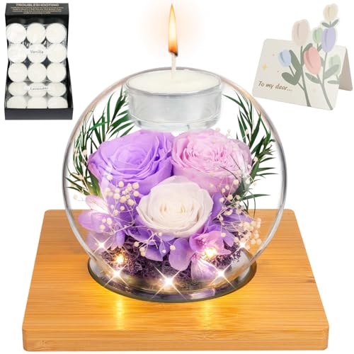 Preserved Light Purple Real Rose in Glass with Scented Candles–Forever Flower Romantic Anniversary Mothers Day Christmas B...