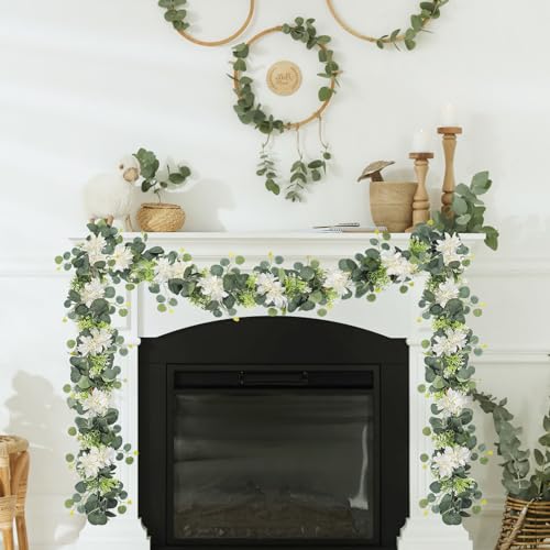 Dremisland Artificial Flowers Garlands 2 Pack 12Ft Artificial Eucalyptus Garland with Dahlia Flower Hanging Flowers Vines ...