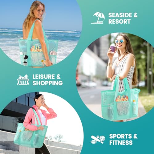 coclothy Mesh Beach Bag, Large Bag with Zipper Beach Bags for Women Waterproof Sandproof with 5 Pockets Green