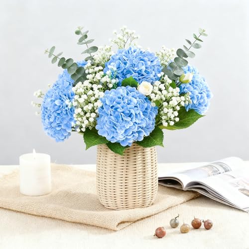 Cherica 6 Pcs Real Touch Blue Hydrangea Artificial Flowers with Stems, Fake Silk Flowers for Outdoors, Artificial Flowers ...