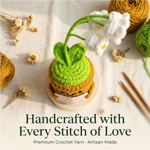 Xulvrax May Birth Flower Lily of the Valley Crochet Potted Plant Gift, Handmade Style with Wooden Base, Meaningful Birthda...