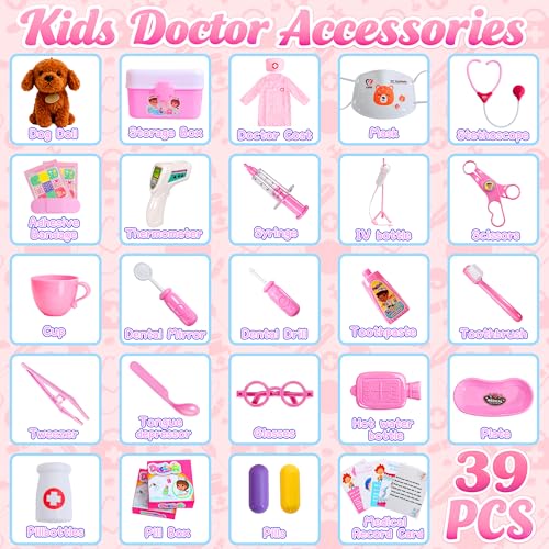 Girl Toys Doctor Kit for Toddlers 3-5 with Plush Dog, 39 PCS Kids Vet Play Set with Heartbeat Sound Stethoscope & Dress Up...