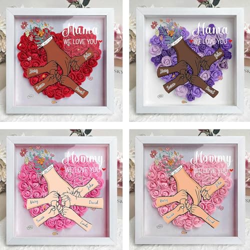 Personalized Mom Flower Shadow Box with Hands & Kids Names, - Customized Rose Frame Gift for Mom Grandma, Unique Mother's ...