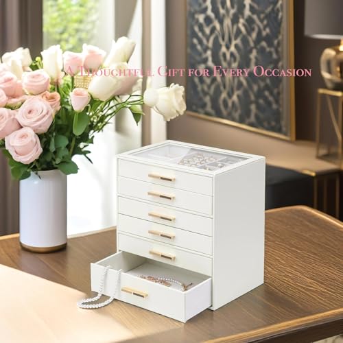 VLANDO 6-Drawer Jewelry Box with Glass Lid, Faux Leather Organizer for Rings Earrings Necklaces and More, Gift-Ready Jewel...