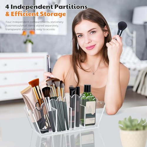 Novacrylion Scalloped Acrylic Pencil Holder – Clear Desk Organizer with 4 Compartments – Makeup Brush Holder & Remote Cadd...