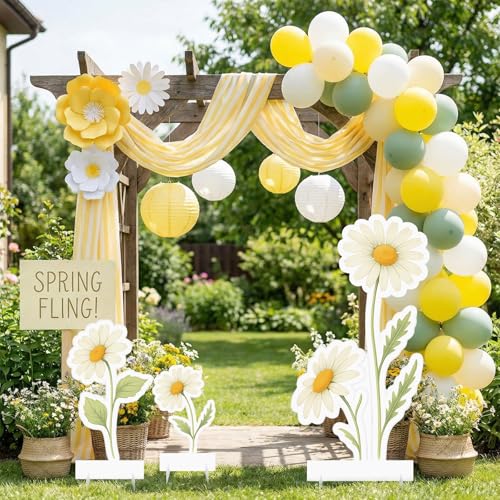 Yookeer 3 Pcs Spring Daisy Party Decorations 40 Inch Large Artificial Flowers Stand-up Signs with Bases Bright Floral Card...
