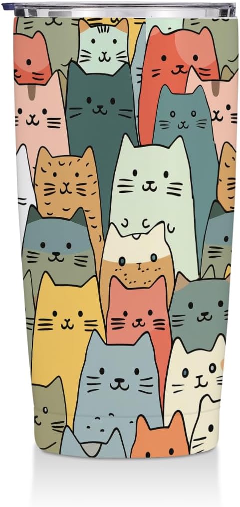 Cute Cat 20 oz Tumbler, Funny Cats Stainless Steel Insulated Water Bottle, Cats Themed Insulated Travel Coffee Mugs, Cat L...