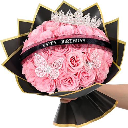 Waipfaru Glitter Roses Bouquet,Birthday Gifts for Women Mom,DIY Fake Flowers Bouquet with Birthday Stand-Up Signs,36 Pink ...