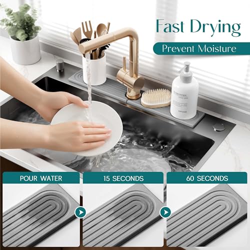 eormoe Kitchen Faucet Absorbent Mat - Diatomaceous Earth Splash Guard for Sink Faucet, Aesthetic Water Absorbing Stone Tra...