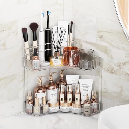 Asayuee 2-Tier Corner Bathroom Counter Organizer with Top Toothbrush Holders,Large Makeup Organizer Countertop with Brush ...