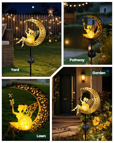 Vuees Solar Garden Statues Outdoor Decor, Fairy Moon Figurine Light Stake, Housewarming Ornament for Patio, Lawn, Yard, Pa...
