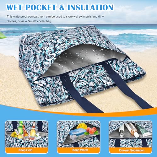 HUANLANG Large Beach Bags for Women Pool Bag with Zipper, Waterproof Sandproof Beach Tote Travel Bag with Wet Pocket | Wat...