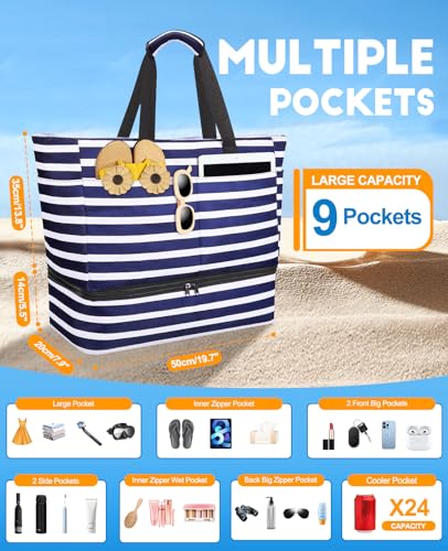 ISEYOU Beach Bag with Cooler, 49L Large Waterproof Sandproof Tote with Zipper, Foldable Travel Bag for Beach, Pool, Picnic