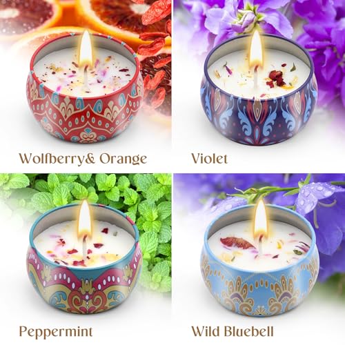 Scented Candles Gift Set for Women 4 Pack Soy Wax Candles with Dried Flowers Reusable Tin Aromatherapy Relaxation Gift for...
