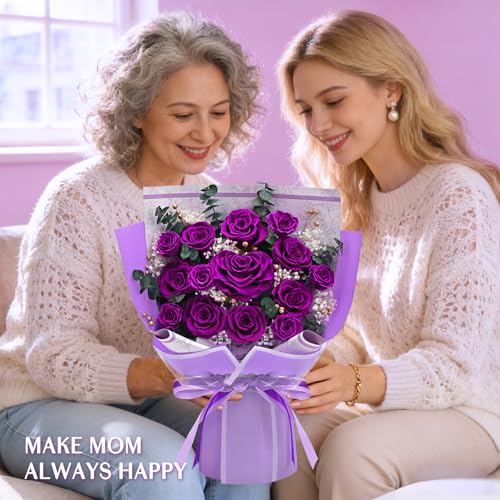 Forever Rose Flowers for Delivery Mothers Day Gifts, 14-Piece Purple Preserved Roses Flowers Bouquet with Vase Gift Box, L...