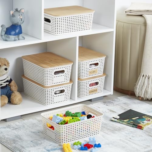 Bagnizer Small Plastic Storage Bins with Bamboo Lids 5.2qt Stackable Box Basket Pantry Decorative Containers Cute with Lab...