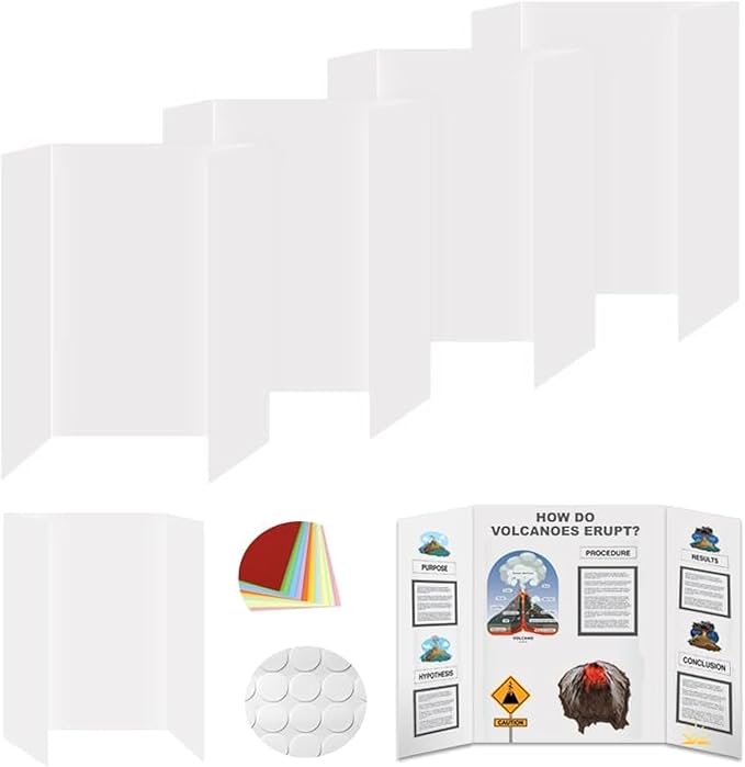Rsgift 4 Pcs Small Tri-fold Poster Boards with Double Sided Tapes and Cardboard,21.2x13.8 inches,Corrugated Presentation B...