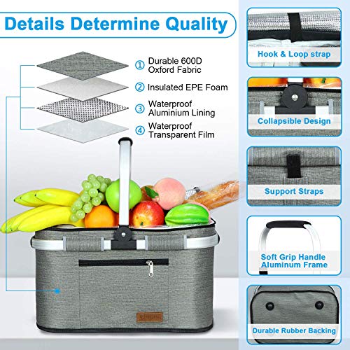 LIQING 35L Large Picnic Basket 2 Layers of Internal Pockets Leak-Proof and Insulated ，Folding with Internal Support for en...