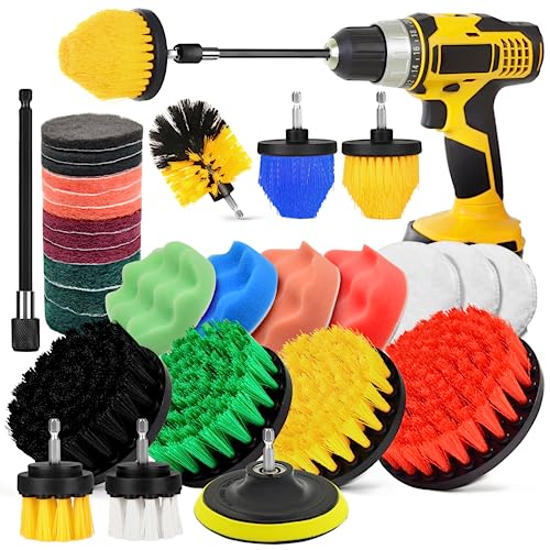 30Pcs Drill Brush Attachment Set,Drill Scrubber Brush Kit Include Scrub Pads, Sponge, Extend Attachment, Drill Cleaning Br...