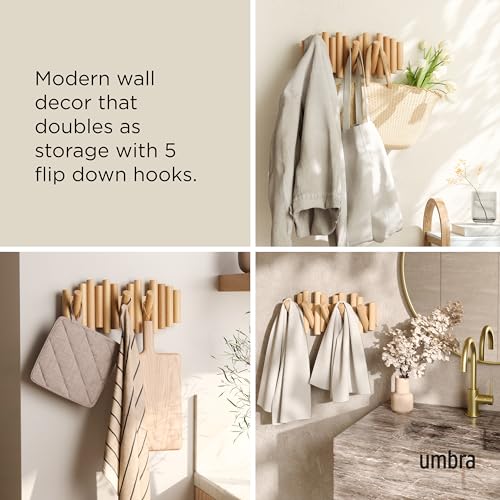 Umbra Picket Coat Rack Wall Mount – 5 Flip-Down Wood Coat Hooks, Modern & Functional Storage, Easy Install Wall Hooks, Nat...