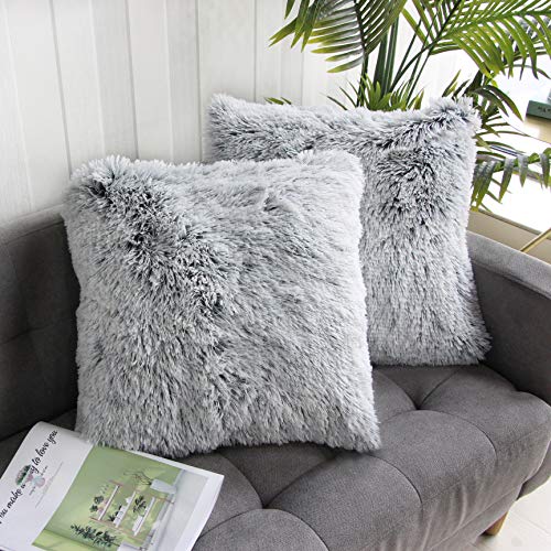 Uhomy 2 Packs Fluffy Accent Pillows Cover 20"x20", Soft Gray Ombre Faux Fur Throw Pillow Case, Modern Luxury Decorative Sq...